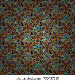 Home decor. Seamless pattern with fantasy flowers, natural wallpaper, yellow, blue and red floral decoration curl illustration. Vector paisley print hand drawn elements.