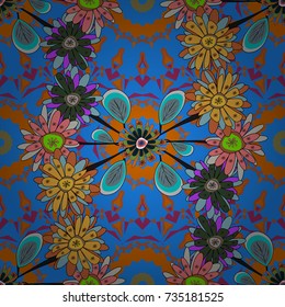 Home decor. Seamless pattern with fantasy flowers, natural wallpaper, blue, orange and neutral floral decoration curl illustration. Vector paisley print hand drawn elements.