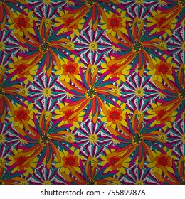 Home decor. Seamless pattern with fantasy flowers, natural wallpaper, yellow, magenta and blue floral decoration curl illustration. Vector paisley print hand drawn elements.