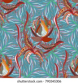 Home decor. Seamless pattern with fantasy flowers, natural wallpaper, floral decoration curl illustration. Paisley print hand drawn elements.
