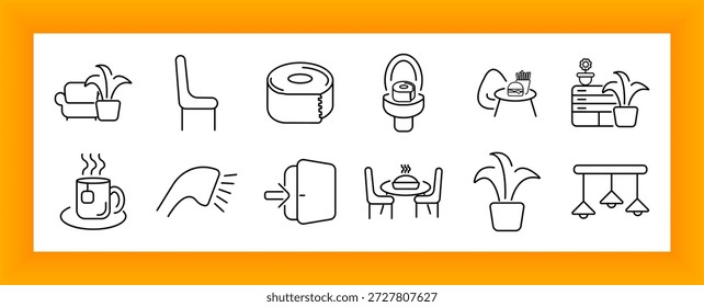 Ícone do conjunto de decoração da casa. Sofá, fita, planta, cadeira, pia, prato, gaveta, copo, luz, lâmpada, móveis, mesa, casa, conforto, café, estilo
