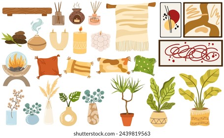 Home decor set for Scandinavian interior design. House plants, candles, shelves, vases for cozy trendy room decoration. Hand drawn vector illustration