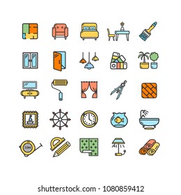 Home Decor Signs Color Thin Line Icon Set Include of Bulb, Table, Bathtub and Flower . Vector illustration of Icons