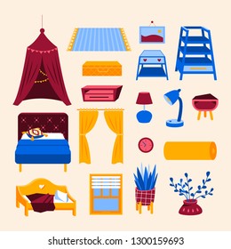 Home decor sticker set. Cute house plants, furniture and other elements for interior