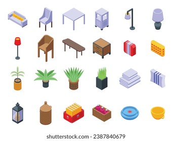 Home decor store icons set isometric vector. Business woman. Shop online decor