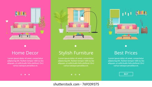 Home decor and stylish furniture, best prices, set of web pages with images of room composition, text sample and button vector illustration