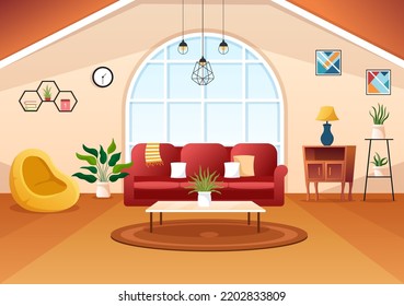 Home Decor Template Hand Drawn Cartoon Illustration The set of Furniture and Living Room Interior in Flat Style Design