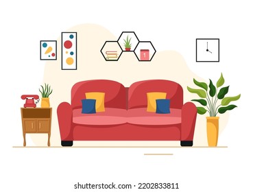 Home Decor Template Hand Drawn Cartoon Illustration The set of Furniture and Living Room Interior in Flat Style Design