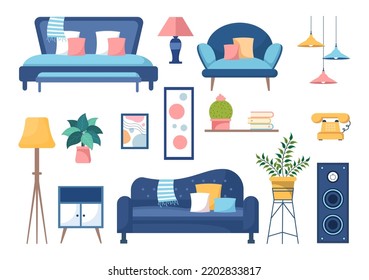 Home Decor Template Hand Drawn Cartoon Illustration The set of Furniture and Living Room Interior in Flat Style Design