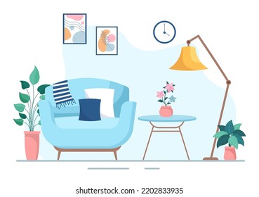 Home Decor Template Hand Drawn Cartoon Illustration The set of Furniture and Living Room Interior in Flat Style Design