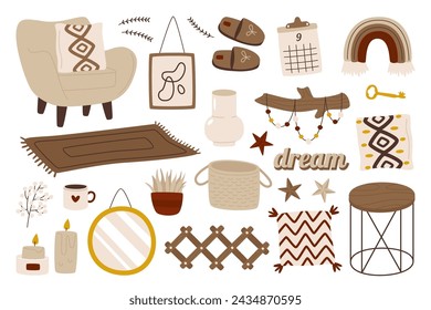 Home decor trendy hygge style accessories for Scandinavian room interior design flat vector illustration. Isolated set of various comfy furnishing, decorative elements, houseplants wall pictures