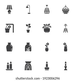 Home decor vector icons set, modern solid symbol collection, filled style pictogram pack. Signs, logo illustration. Set includes icons as table lamp, chandelier, houseplant, flower pot, vase, candles