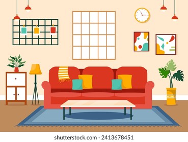 Ilustración de vectores de decoración en casa con el interior y el mobiliario de la sala de estar, como cómodos sofás, ventanas, sillas, plantas y accesorios para la casa