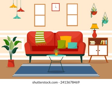 Home Decor Vector Illustration with Living Room Interior and Furniture such as Comfortable Sofa, Window, Chair, House Plants and Accessories