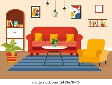 Home Decor Vector Illustration with Living Room Interior and Furniture such as Comfortable Sofa, Window, Chair, House Plants and Accessories