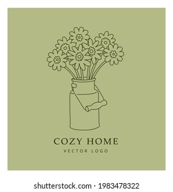 Home decor vector logo. Simple minimal emblem, sign, icon for interior store, flower shop, element for social media stories and posts. Bouquet of field daisies in a can. Bohemian outline illustration.