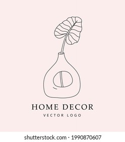 Home decor vector logo. Simple minimal emblem, sign, icon for interior store, flower shop. Tropical leaf in modern vase. Element for social media stories and posts. Trendy outline illustration.