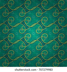Home decor. Vector paisley print hand drawn elements. Seamless pattern with fantasy flowers, natural wallpaper, black, blue and green floral decoration curl illustration.
