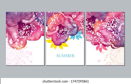 Home decor of the walls. Floral background with flower camelia. Element for design. Set of 3 canvases for wall decoration in the living room, office, bedroom, office. Vector illustration.