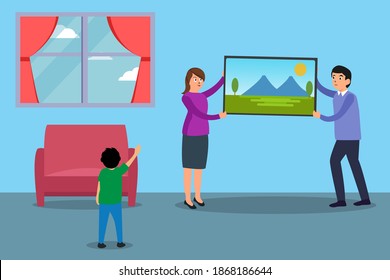 Concepto vectorial de decoración doméstica: Familia feliz colgando foto en la pared en una casa nueva