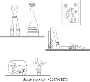 Home decoration black-and-white execution. Shelf, books, figurine, cat, moneybox, aquarium, flower, cactus, flowerpot, book shelf. Vector illustration. Eps 10.

