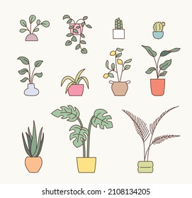 Home decoration flowerpot collection. flat design style vector illustration.