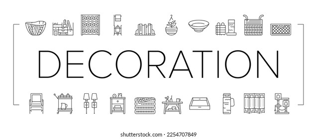 Home Decoration And Furniture Icons Set Vector. Bookends And Rattan Patio Home Decoration, Noodle And Wooden Bowl, Desktop Organizer And Mesh Basket. Room Divider Black Contour Illustrations