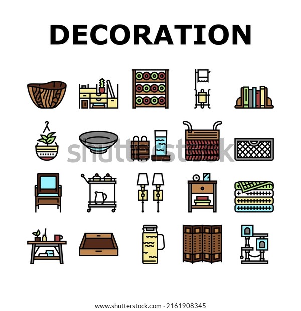 Home\
Decoration And Furniture Icons Set Vector. Bookends And Rattan\
Patio Home Decoration, Noodle And Wooden Bowl, Desktop Organizer\
And Mesh Basket. Room Divider Color\
Illustrations