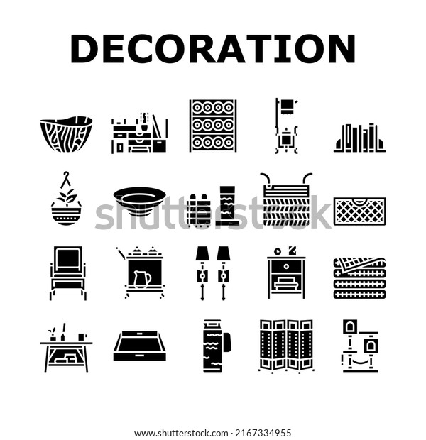 Home Decoration And Furniture Icons Set\
Vector. Bookends And Rattan Patio Home Decoration, Noodle And\
Wooden Bowl, Desktop Organizer And Mesh Basket. Room Divider Glyph\
Pictograms Black\
Illustrations