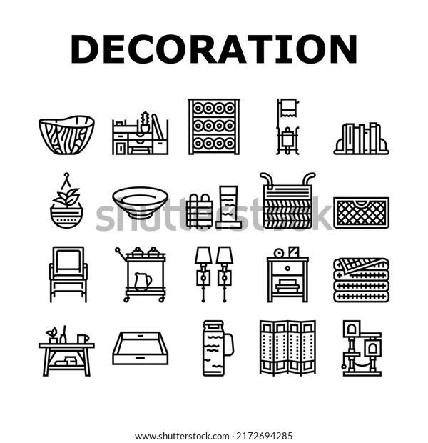 Home Decoration And Furniture Icons Set\
Vector. Bookends And Rattan Patio Home Decoration, Noodle And\
Wooden Bowl, Desktop Organizer And Mesh Basket. Room Divider Black\
Contour Illustrations
