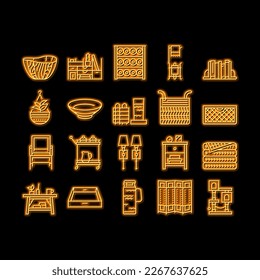 Home Decoration And Furniture neon light sign vector. Bookends And Rattan Patio Home Decoration, Noodle And Wooden Bowl, Desktop Organizer And Mesh Basket. Room Divider Illustrations