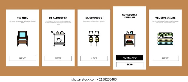 Home Decoration And Furniture Onboarding Mobile App Page Screen Vector. Bookends And Rattan Patio Home Decoration, Noodle And Wooden Bowl, Desktop Organizer And Mesh Basket. Room Divider Illustrations