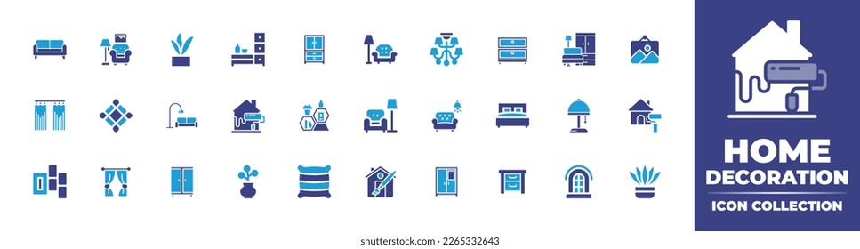 Home decoration icon collection. Duotone color. Vector illustration. Containing cabinet, plant, living room, couch, bookshelf, house, sofa, frame, curtains, cushion, vase, wardrobe, curtain.