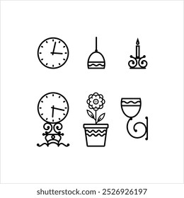 Home Decoration Icon, Decorative Item Icon, Candle, Lamp, Clock, Flower Pot Vector Art Illustration