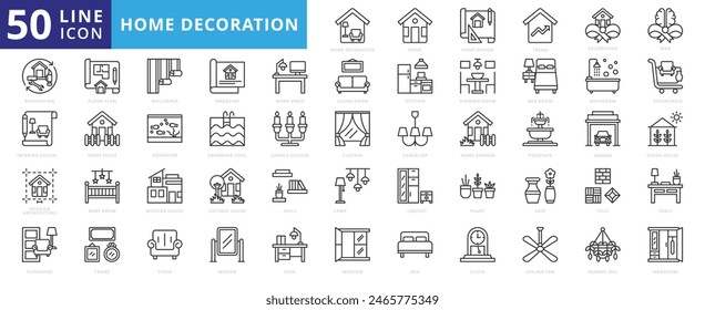 Home decoration icon set with design, trend, idea, renovation, interior, architecture, furnished, and floor plan.