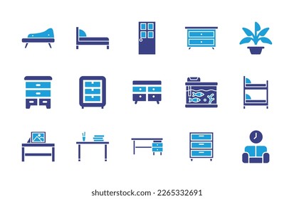 Home decoration icon set. Duotone color. Vector illustration. Containing sofa, bed, door, chest of drawers, plant, dresser, drawer, aquarium, double bed, table, desk, living room.