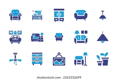 Home decoration icon set. Duotone color. Vector illustration. Containing chair, housekeeping, closet, sofa, hanging lamp, living room, lounge, armchair, ceiling light, ceiling fan, drawers, frame.