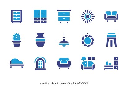 Home decoration icon set. Duotone color. Vector illustration. Containing chest of drawers, wardrobe, nightstand, mirror, sofa, cactus, vase, lamp, frame, stool, window, living room, cabinet. 