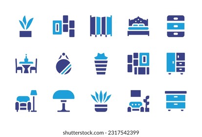 Home decoration icon set. Duotone color. Vector illustration. Containing plant, frame, screen, double bed, drawer, dining table, mirror, frames, cabinet, furniture, lamp, fern, living room. 