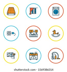 Home decoration icons colored line set with vacuum cleaner, kitchen set, wallpaper and other laundromat elements. Isolated vector illustration home decoration icons.