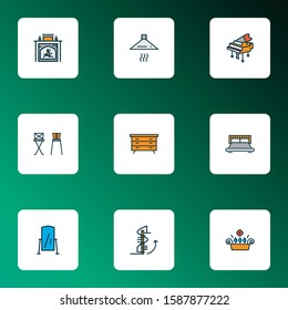 Home decoration icons colored line set with barstool, double bed, floor mirror and other sideboard elements. Isolated vector illustration home decoration icons.