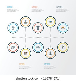 Home decoration icons colored line set with bench, floor lamp, ceiling lamp and other paint bucket elements. Isolated vector illustration home decoration icons.