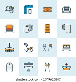 Home decoration icons colored line set with toilet paper, stairs, sofa and other houseplant elements. Isolated vector illustration home decoration icons.