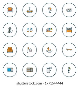 Home Decoration Icons Colored Line Set With Circular Staircase, Daybed, Microwave And Other Streetlight Elements. Isolated Vector Illustration Home Decoration Icons.