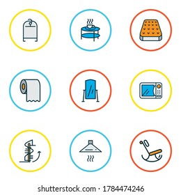 Home decoration icons colored line set with floor mirror, toilet paper, clothing rack and other stepladder elements. Isolated vector illustration home decoration icons.