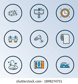 Home decoration icons colored line set with wardrobe, wash stand, color palette tissue roll elements. Isolated vector illustration home decoration icons.