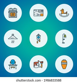 Home decoration icons colored line set with rocking horse, vase, house plan and other wall watch elements. Isolated vector illustration home decoration icons.