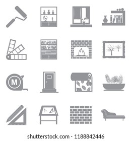 Home Decoration Icons. Gray Flat Design. Vector Illustration. 