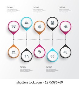 Home decoration icons line style set with double bed, barstool, landscape design whisk elements. Isolated vector illustration home decoration icons.