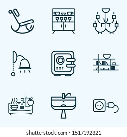 Home decoration icons line style set with electric socket, chandelier, wash stand ceiling lam elements. Isolated vector illustration home decoration icons